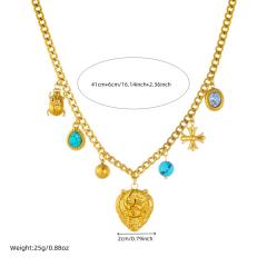 Vintage animal lion head ladybug turquoise stone charm stainless steel necklace