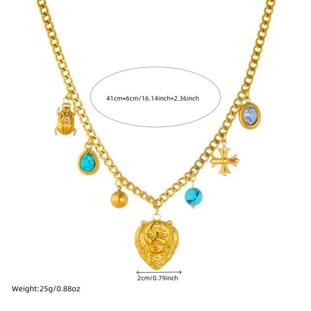 Vintage animal lion head ladybug turquoise stone charm stainless steel necklace