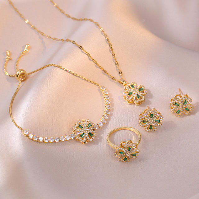 Sweet green cubic zircon rotating clover stainless steel chain necklace bracelet suit