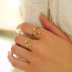 18K Gold Zircon leaf Open Ring stainless steel rings