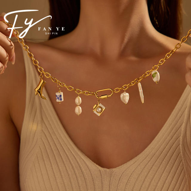 Multi-element Starfish small fish Ceramic Pendant Freshwater Pearl Pendant Necklace Accessories suit Jewelry
