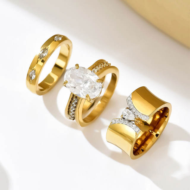 Oval cubic zircon inlaid stainless steel rings chunky rings