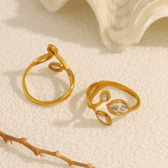 18K Gold Zircon leaf Open Ring stainless steel rings