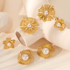 French flower pearl bead stainless steel earrings