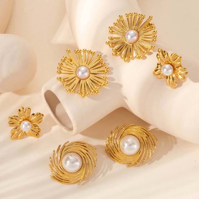 French flower pearl bead stainless steel earrings