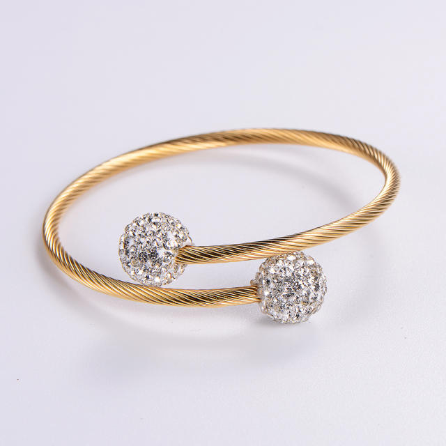 Minimalist round bead diamond stainless steel twill wire winding adjustable bangle 3mm