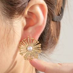 French flower pearl bead stainless steel earrings