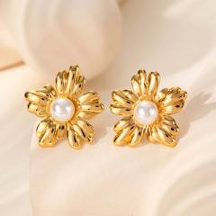 French flower pearl bead stainless steel earrings