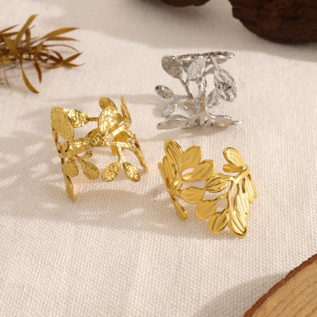 Natural gold silver color leaf design stainless steel rings