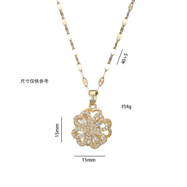 Diamond hollow clover rotatable stainless steel chain necklace bracelet suit