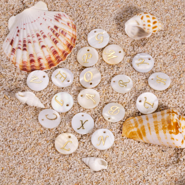 14.5mm Natural Freshwater Shell Pendant Golden 26 English Letter initial letter diy charms