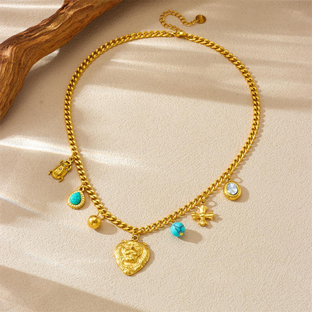 Vintage animal lion head ladybug turquoise stone charm stainless steel necklace