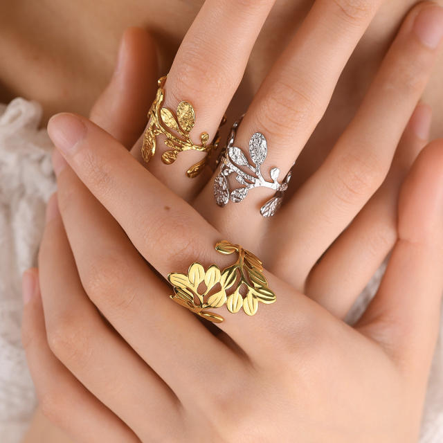 Natural gold silver color leaf design stainless steel rings