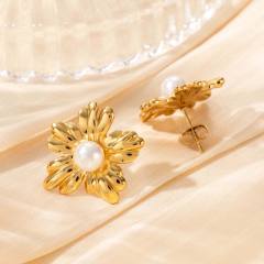French flower pearl bead stainless steel earrings