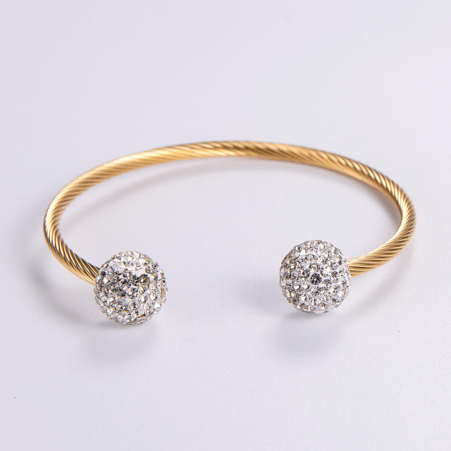 Minimalist round bead diamond stainless steel twill wire winding adjustable bangle 3mm