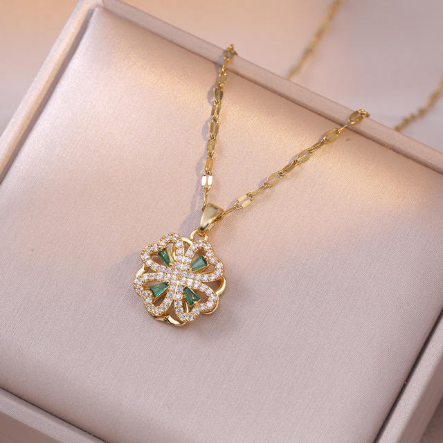 Sweet green cubic zircon rotating clover stainless steel chain necklace bracelet suit