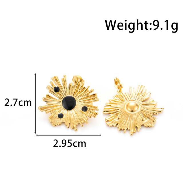 Vintage red black enamel flower sun shape stainless steel earrings
