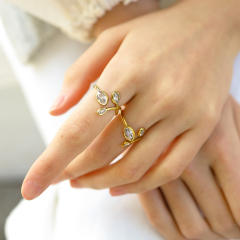 18K Gold Zircon leaf Open Ring stainless steel rings