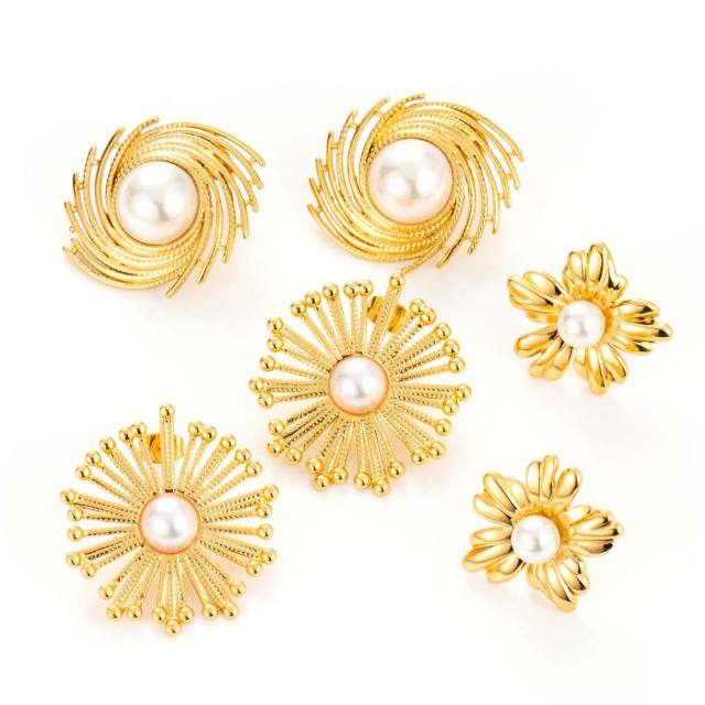 French flower pearl bead stainless steel earrings