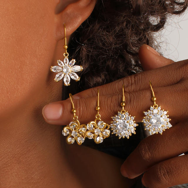 Luxury copper diamond petal flower stainless steel ear hook earrings