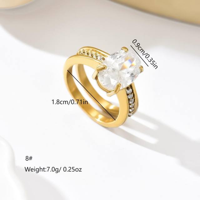 Oval cubic zircon inlaid stainless steel rings chunky rings