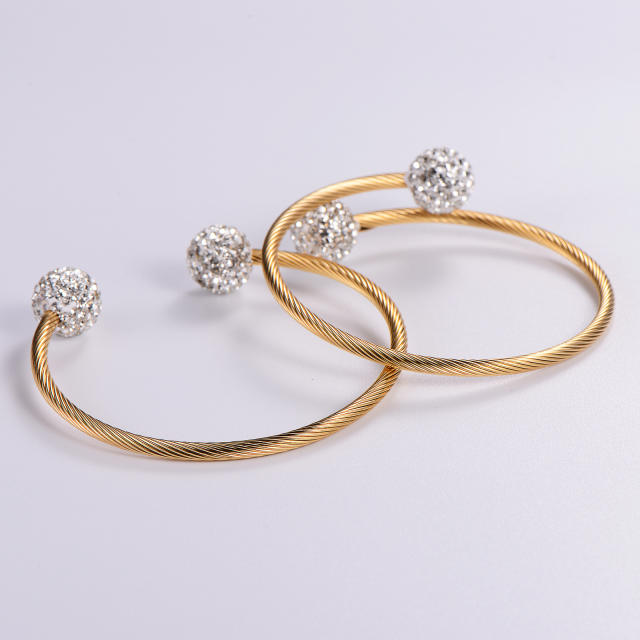 Minimalist round bead diamond stainless steel twill wire winding adjustable bangle 3mm