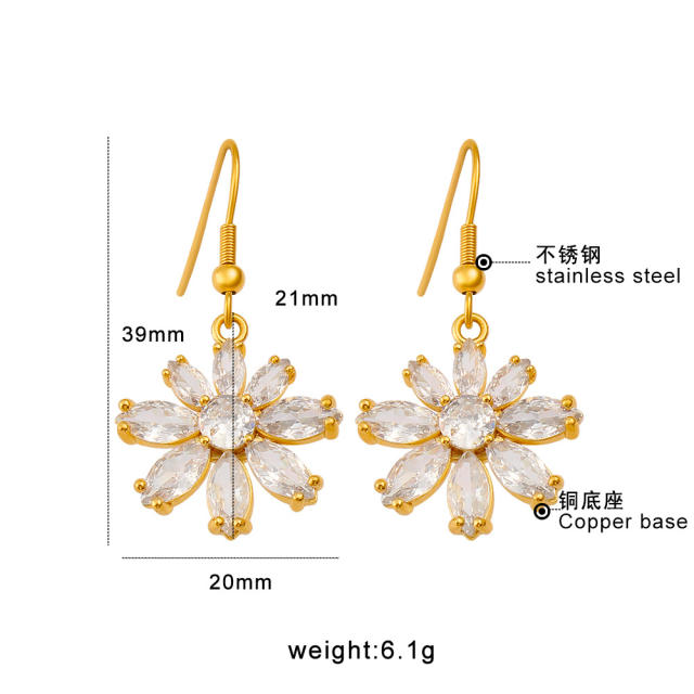 Luxury copper diamond petal flower stainless steel ear hook earrings
