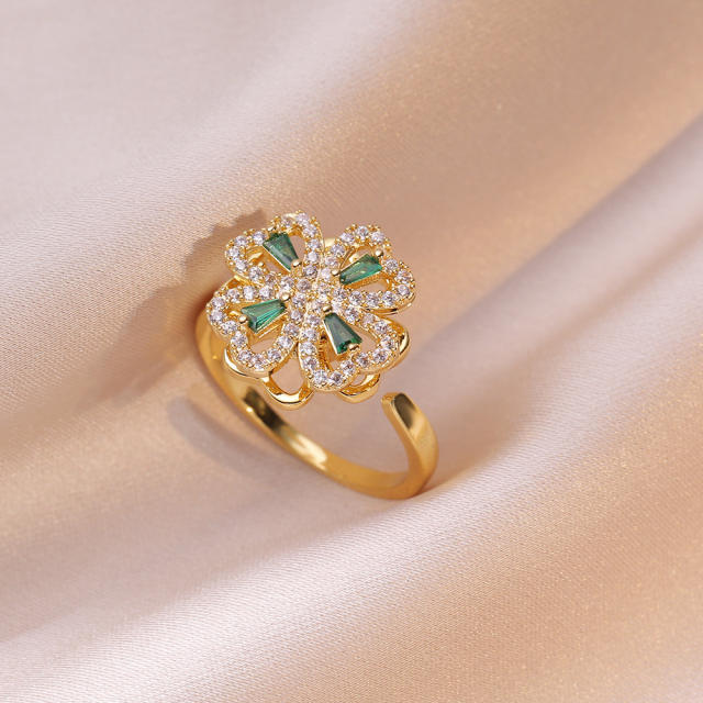 Sweet green cubic zircon rotating clover stainless steel chain necklace bracelet suit