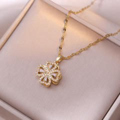 Diamond hollow clover rotatable stainless steel chain necklace bracelet suit