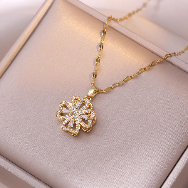 Diamond hollow clover rotatable stainless steel chain necklace bracelet suit