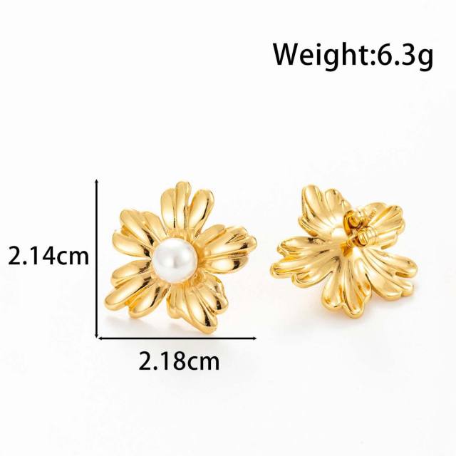 French flower pearl bead stainless steel earrings