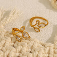 18K Gold Zircon leaf Open Ring stainless steel rings