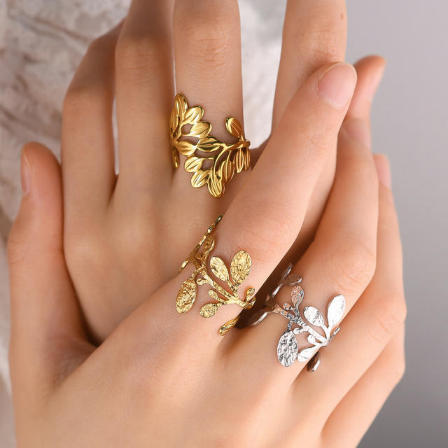 Natural gold silver color leaf design stainless steel rings