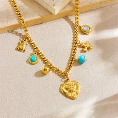 Vintage animal lion head ladybug turquoise stone charm stainless steel necklace