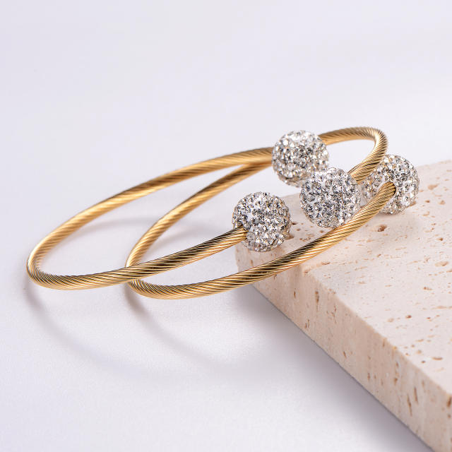 Minimalist round bead diamond stainless steel twill wire winding adjustable bangle 3mm
