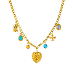 Vintage animal lion head ladybug turquoise stone charm stainless steel necklace