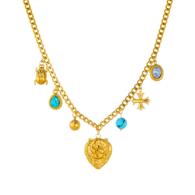 Vintage animal lion head ladybug turquoise stone charm stainless steel necklace