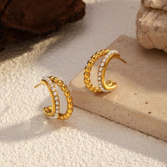 Simple C shape earrings pearl bead diamond C shape stainless steel earrings