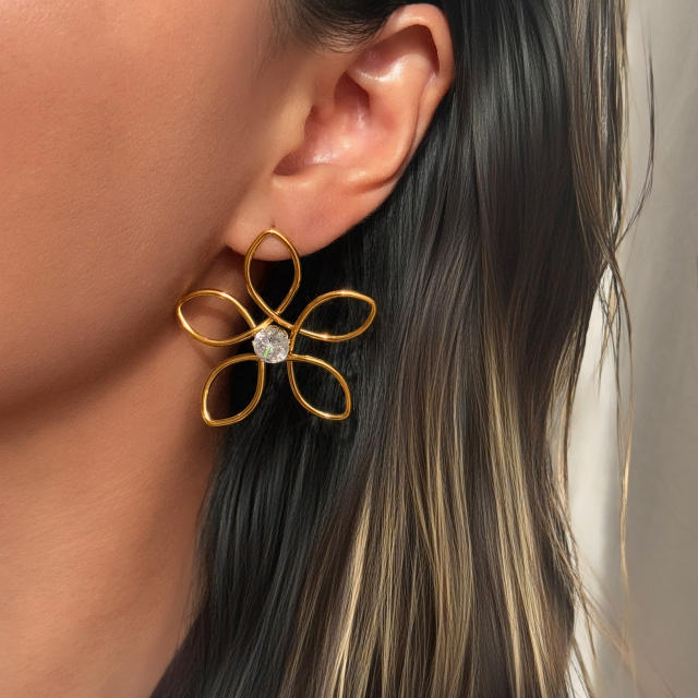 18KG Big size hollow out flower stainless steel earrings bangle suit