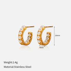 Simple C shape earrings pearl bead diamond C shape stainless steel earrings