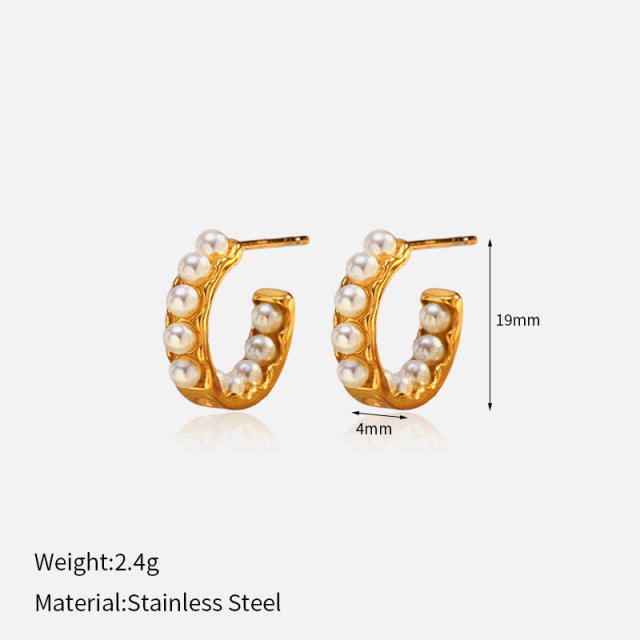 Simple C shape earrings pearl bead diamond C shape stainless steel earrings
