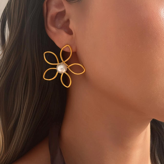 18KG Big size hollow out flower stainless steel earrings bangle suit