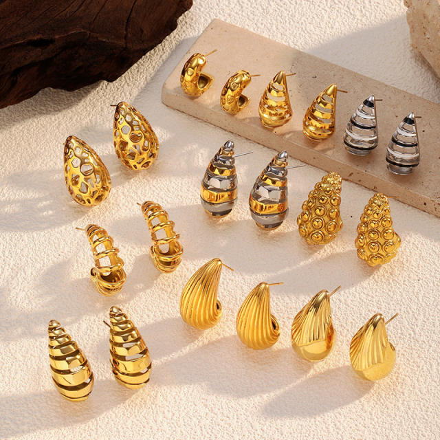 Chunky hollow out waterdrop shape stainless steel earrings