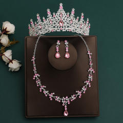 Silver light pink sereis wedding hair crown necklace earrings suit