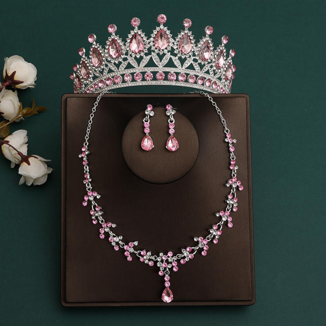 Silver light pink sereis wedding hair crown necklace earrings suit