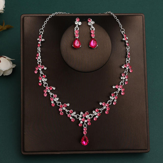 Silver rose red color sereis wedding hair crown necklace earrings suit