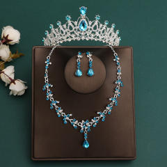 Silver blue color series wedding hair crown necklace earrings suit