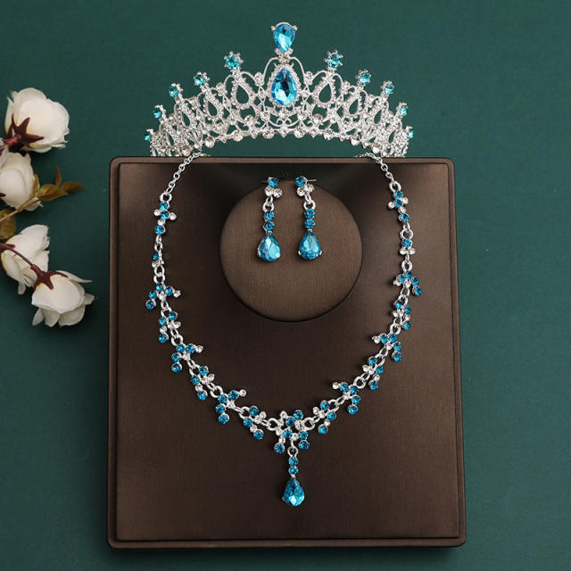Silver blue color series wedding hair crown necklace earrings suit