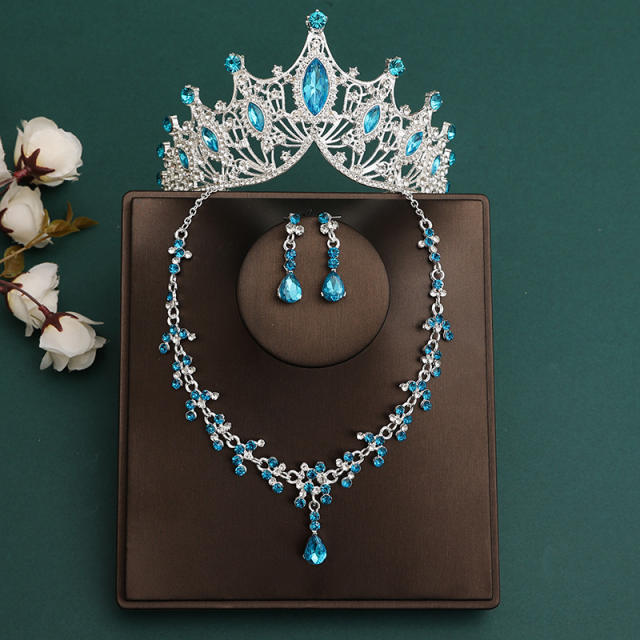 Silver blue color series wedding hair crown necklace earrings suit