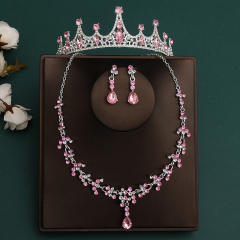 Silver light pink sereis wedding hair crown necklace earrings suit